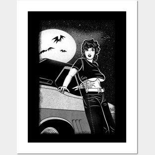 Pinup, muscle car and skeleton - Black and white Posters and Art
